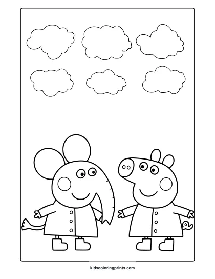 Peppa Pig And Emily Elephant Coloring Page With Buttoned Coats And Clouds.