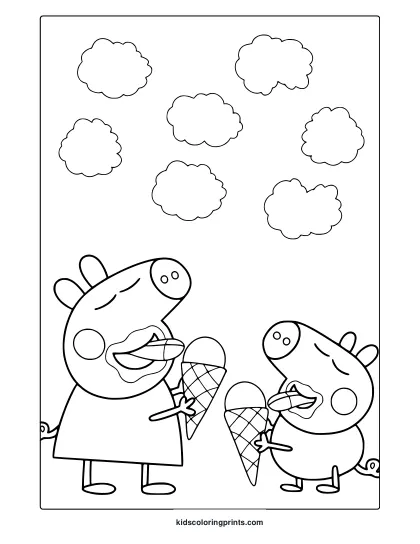 Peppa Pig And George Coloring Page With Ice Cream Cones And Clouds Above.