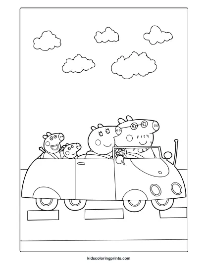 Peppa Pig Family Coloring Page In Convertible Car With Clouds Above.