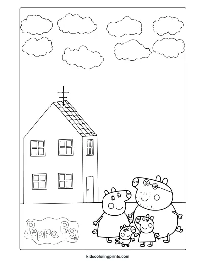 Peppa Pig Family Coloring Page With House And Clouds In Background.