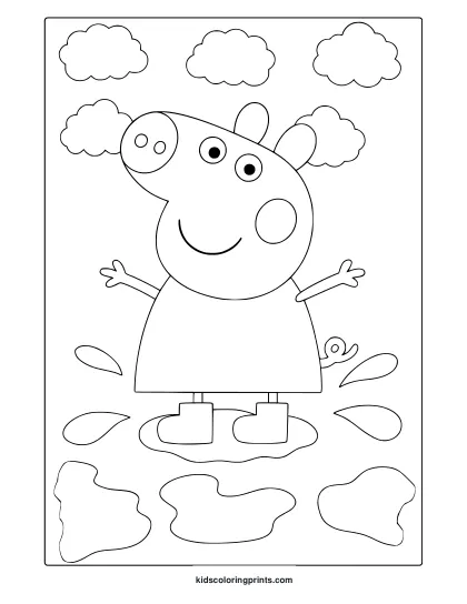 Peppa Pig Coloring Page With Puddles, Clouds, And A Small Snail Below.