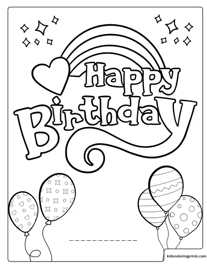 Personalized Birthday Card Coloring Page With A Rainbow Balloons And Blank Space
