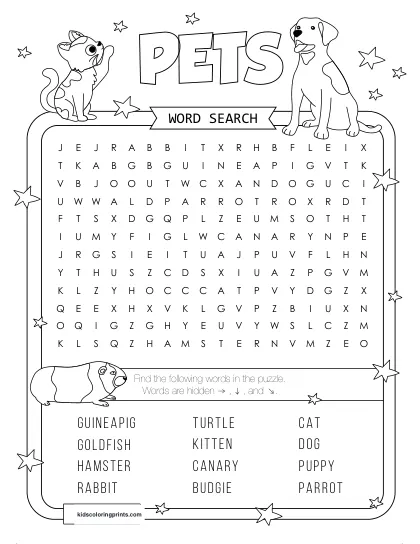 Free Printable Pets Word Search Puzzle With 12 Pets From Cat To Rabbit.