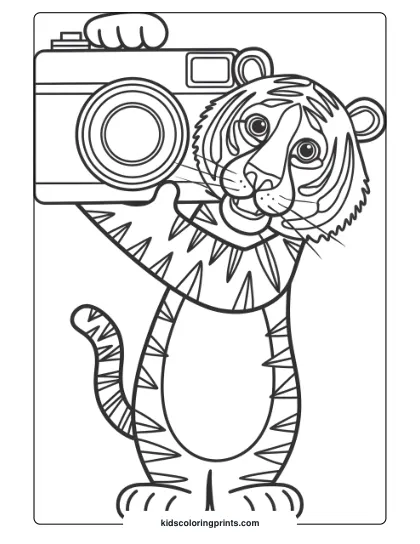 Photographer Tiger Coloring Page Featuring A Tiger Holding A Camera With A Cheerful Expression.