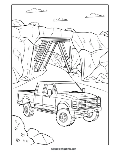 A Pickup Truck On A Dirt Road With A Bridge, A Detailed Truck Coloring Page.