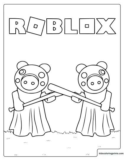 Piggy From Roblox Coloring Page With Two Piggy Characters Holding Bats And Facing Each Other On The Grass.