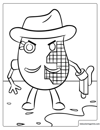 Piggy Mr. P Coloring Page With Mr. P Wearing A Hat And Holding A Blaster While Standing Near Puddles.