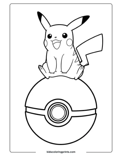 Pikachu Coloring Page With Pikachu Sitting Atop A Pokéball, Displaying Its Playful Expression.