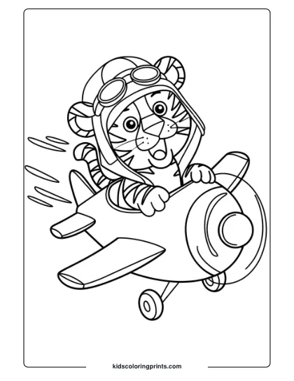 Pilot Tiger Coloring Page Featuring A Tiger In Aviator Goggles, Flying A Playful Toy Plane.