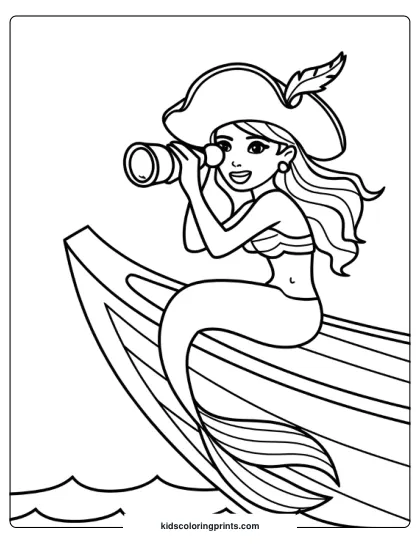Pirate Mermaid Holding A Telescope, Sitting On The Edge Of A Boat In This Adventurous Coloring Page.