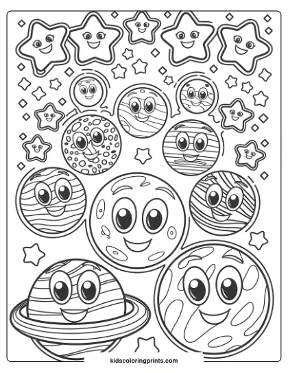 Coloring Page Of Cute Planets And Smiling Stars In Space, Perfect For Kids’ Cosmic Coloring Fun.
