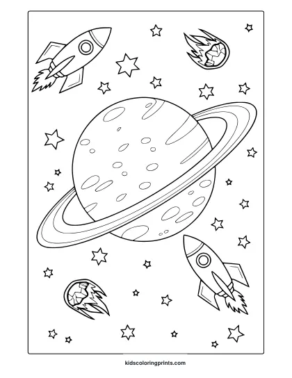 Saturn With Rings Rockets And Meteors. Exciting Outer Space Saturn Coloring Page For Children To Color.