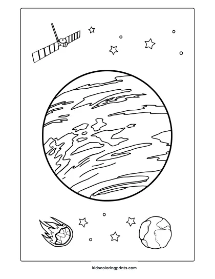 Venus With Swirling Surface Lines Meteor And Stars. Simple And Educational Venus Coloring Page For Kids.
