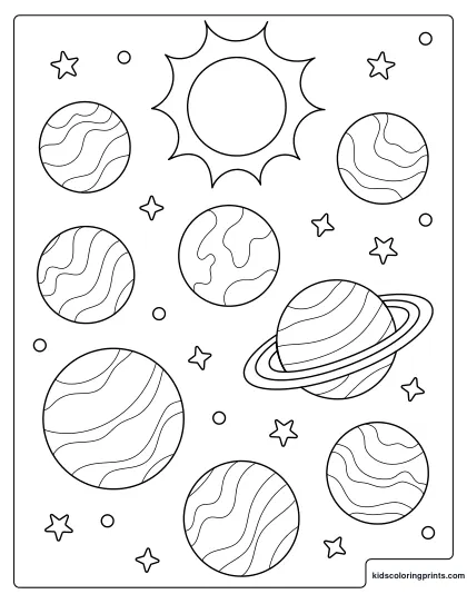 Solar System Coloring Page Featuring Planets, The Sun, And Stars In Outer Space.