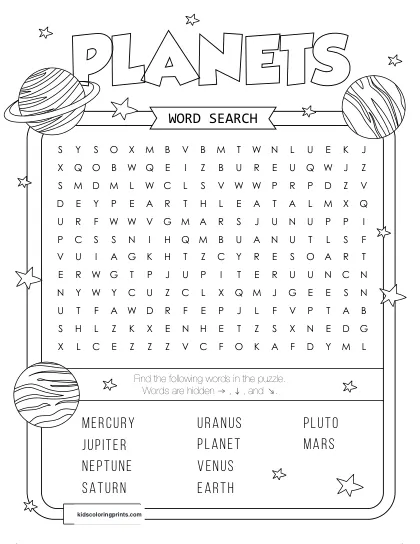 Free Printable Planets Word Search Puzzle With 10 Planets From Mercury To Pluto.