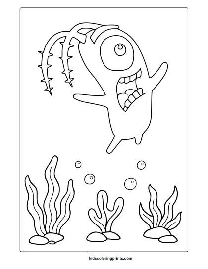 Plankton In An Underwater Coloring Page With Seaweed And Bubbles, Drawn In Bold Cartoon Lines.