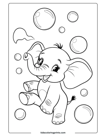 Coloring Page Of A Baby Elephant Surrounded By Playful Bubbles.