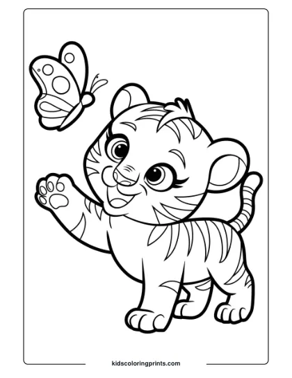 Playful Baby Tiger Coloring Page With A Curious Cub Reaching For A Butterfly, Featuring Cute Stripes And Big Eyes.