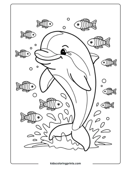 A Playful Dolphin Splashing With Rainbow Fish, A Colorful And Fun Coloring Page.