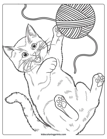 A Joyful Kitten Batting At A Ball Of Yarn, Adding Movement And Fun To This Coloring Page.