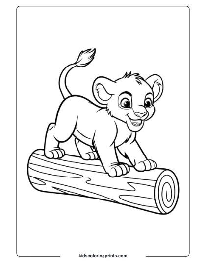 A Lion Cub Balancing On A Log, Offering A Fun And Adventurous Lion Coloring Page For Kids.