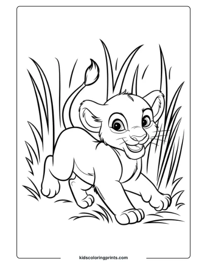 A Young Lion Cub Jumping Through Tall Grass In A Dynamic Pose, Perfect For A Lively Lion Coloring Page For Kids.