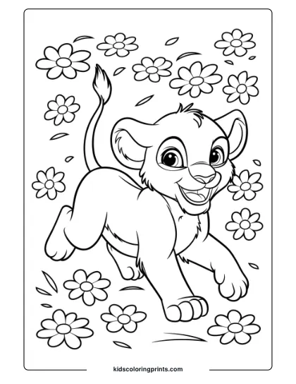A Playful Lion Cub Running Through Flowers, Providing A Fun And Lively Lion Coloring Page For Children.