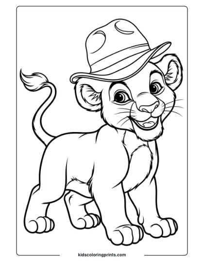 A Lion Cub Wearing A Small Hat, A Fun And Adventurous Lion Coloring Page For Children To Enjoy.