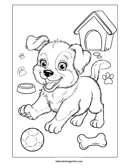 A Playful Puppy With A Ball And Paw Prints. A Fun And Interactive Playful Puppy Coloring Page For Kids.