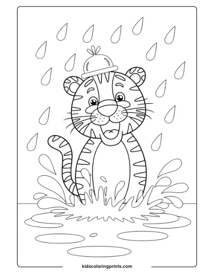 Playful Tiger In The Rain Coloring Page Showing A Joyful Tiger Splashing In Water Droplets.