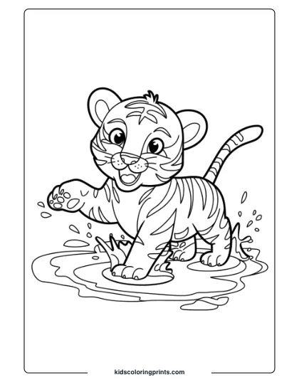 Playful Tiger Cub Coloring Page With A Joyful Tiger Splashing Water Mid-Leap.