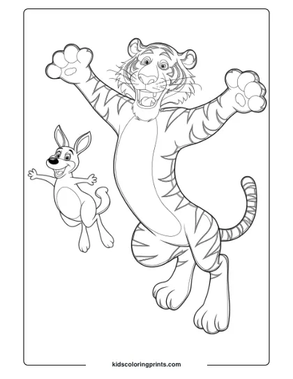 Playful Tigger Coloring Page Featuring Tigger And Roo Joyfully Leaping In The Air.