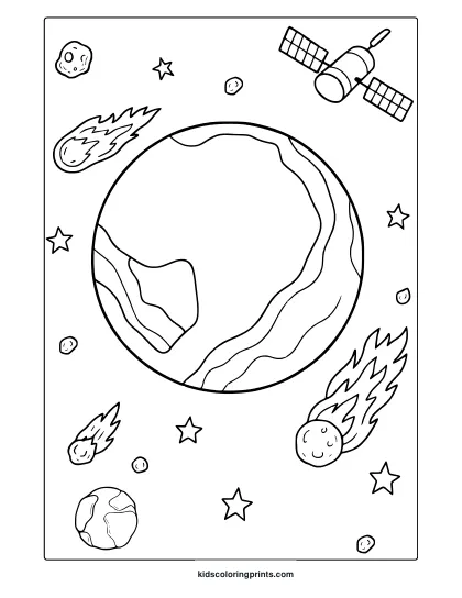 Pluto With Wavy Lines Stars Comets And Planets. Playful Pluto Coloring Page In Cartoon Style For Young Learners.