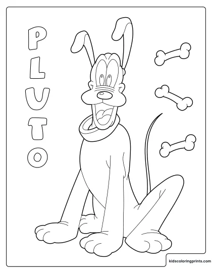 Disney Coloring Page Showing Pluto Sitting Happily With Bones Floating Around.