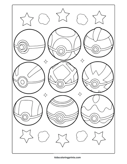 Nine Poké Balls In A Grid With Stars And Clouds On A Playful Pokémon Coloring Page.