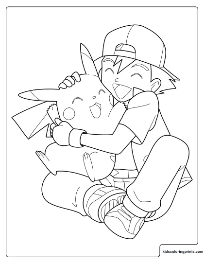 Ash And Pikachu Coloring Page Hugging And Smiling