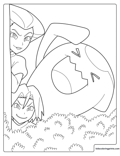 Jessie James And Wobbuffet Coloring Page Peeking From Behind Bushes
