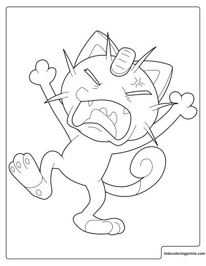 Meowth Coloring Page Shouting Loudly With Arms Raised