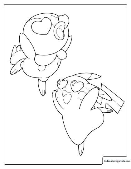 Pikachu And Piplup Coloring Page Floating Happily Together