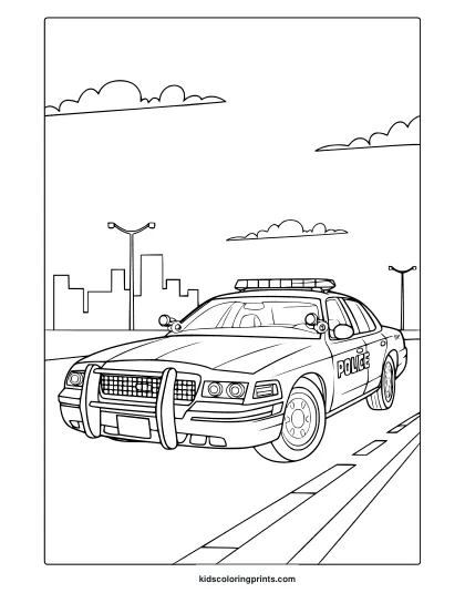 A Detailed Police Car With A Light Bar And City Skyline Background, Perfect For A Police Car Coloring Page.