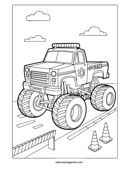 Police Monster Truck With Light Bar And Star Emblem, Cool And Tough Vehicle On A Fun Coloring Page.