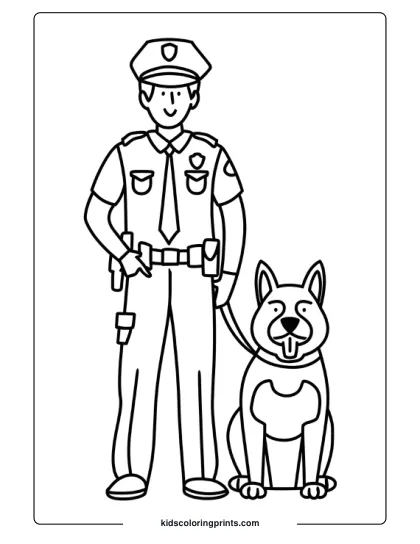 Police Officer Standing With His K-9 Dog Companion In A Dog Coloring Page.