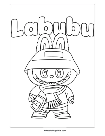 Popmart-Style Labubu With Jacket And Scarf In A Clean And Bold Outlined Coloring Page.