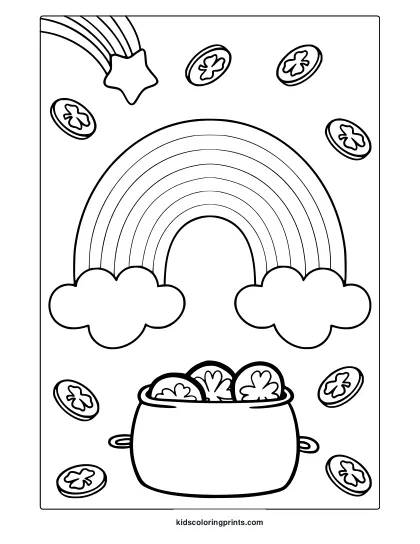 Pot Of Gold Coloring Page With Rainbow, Clouds, And Clover Coins In The Scene.
