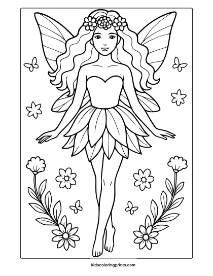 Pretty Fairy Coloring Page With Flower Crown, Butterfly Wings, And Floral Background.