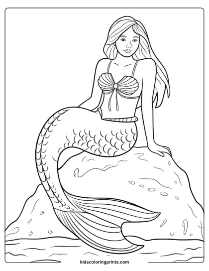 Pretty Mermaid Sitting On A Rock With Bubbles Rising Around Her In This Serene Coloring Page.