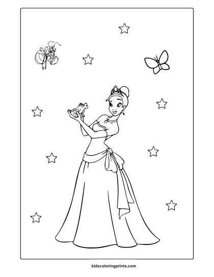 Coloring Page Featuring Princess Tiana With A Frog And Stars, In A Graceful Pose From The Princess And The Frog.