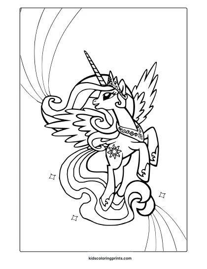 Coloring Page Of Princess Celestia With Ornate Wings, Flowing Mane, And A Celestial Crown.