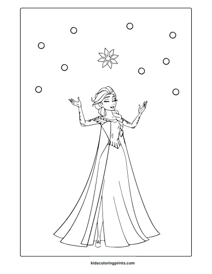 Coloring Page Featuring Princess Elsa In A Flowing Gown With A Cape And Falling Snowflakes.