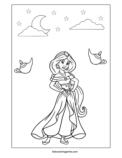 Coloring Page Of Princess Jasmine With A Cape, Magical Lamps, And A Crescent Moon Background.